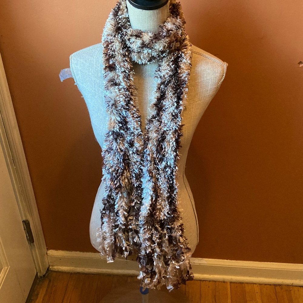Brown/tan/cream scarf with feathered fringe